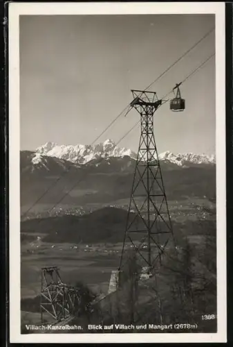 AK Villach, Villach-Kanzelbahn mit Blick auf den Ort und Mangart