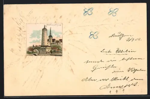 Lithographie Bautzen, Blick auf die Alte Wasserkunst, Papierkunst-Passepartout