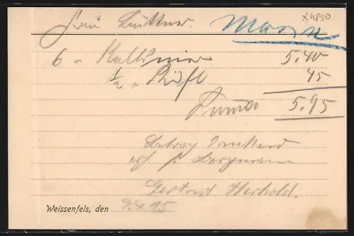 AK Weissenfels a. S., Korrespondenzkarte Albert Bergmann, Spezialgeschäft für feinen Tafel-Aufschnitt