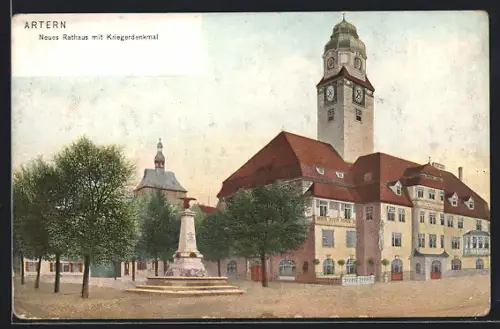AK Artern, Neues Rathaus mit Kriegerdenkmal