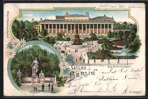 Lithographie Berlin, Denkmal Albrecht II. und Königliches Museum im Lustgarten