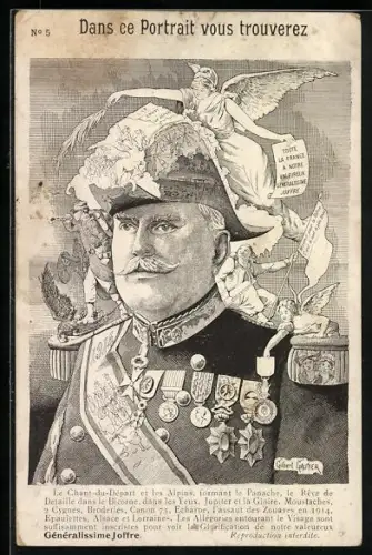 AK General Joffre umflogen von Engeln und mit Soldaten auf der Schulter