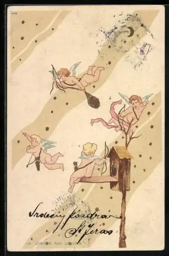 Künstler-AK La Chasse aux Coeurs, Amor-Engel auf Herzenjagd, Jugendstil