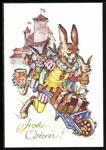 AK Frohe Ostern, Hasen in Narrenkostümen türmen mit allerlei Imkerei Werkzeugen