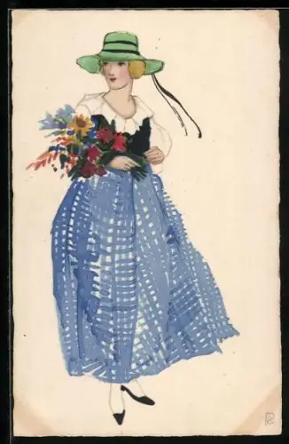 Künstler-AK Blonde Dame mit Hut und Blumenstrauss, Art Deco