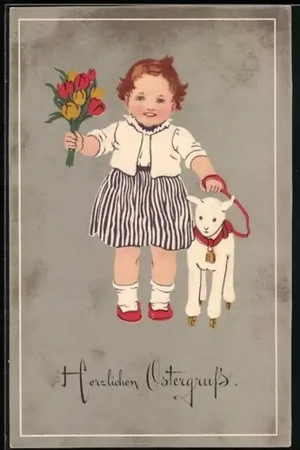 AK Mädchen gratuliert mit Blumen und Lamm an der Leine, Herzlichen Ostergruss!