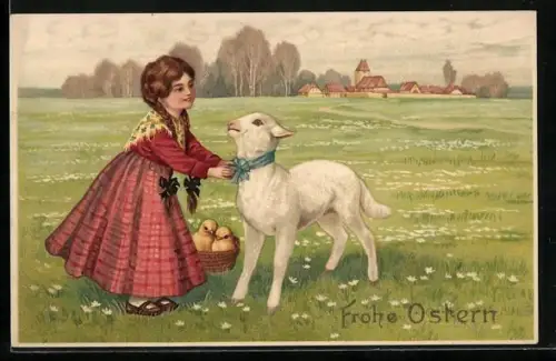 Künstler-AK Meissner & Buch (M&B) Nr. 1653: ein Mädchen bindet einem Lamm eine Schleife um, Osterküken, Ostern