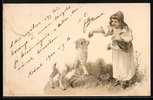 Künstler-AK Meissner & Buch (M&B) Nr. 1048: Mädchen füttert Lämmchen mit Gras