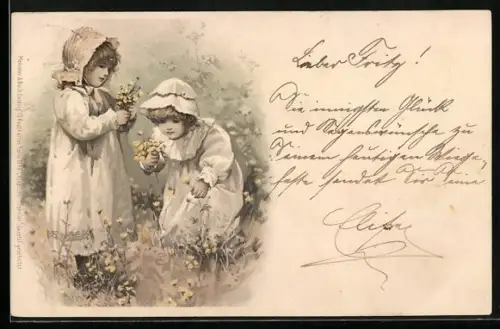 Künstler-AK Meissner & Buch (M&B) Nr. 1048: Mädchen beim Blumenpflücken