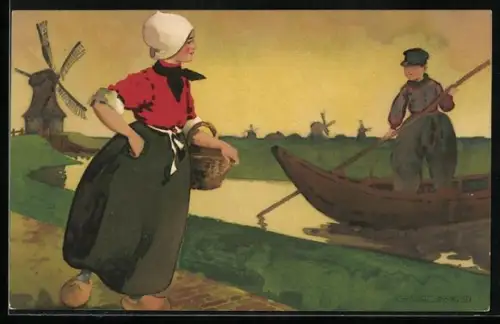 Künstler-AK Meissner & Buch (M&B) Nr.1979: Im lieben Holland, Boot am Ufer, Windmühle