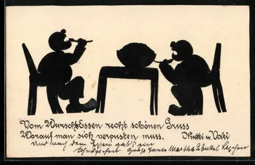 AK Scherenschnitt von zwei essenden Männern, Vom Wurschtessen recht schönen Gruss