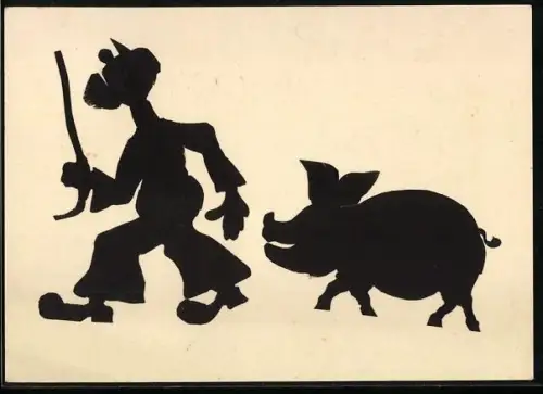 AK Scherenschnitt von Schweinehirten mit Schwein