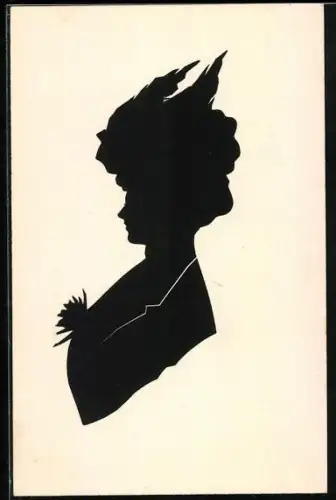 AK Scherenschnitt einer feinen jungen Dame mit reich geschmücktem Hut