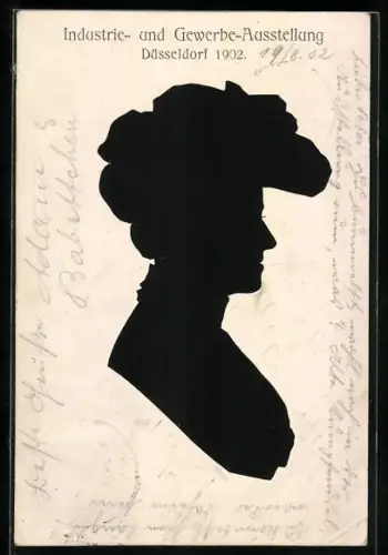 AK Düsseldorf, Industrie- und Gewerbe-Ausstellung, Scherenschnitt einer Dame mit Hut und Unterbiss, gef. v. Viggo Nelson