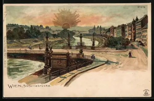 Lithographie Wien, Stefaniebrücke im Sonnenaufgang