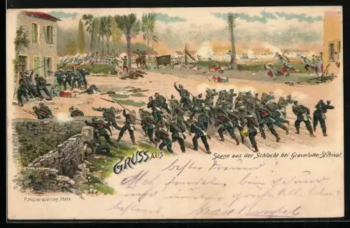 Lithographie Szene aus der Schlacht bei Gravelotte-St. Privat, Reichseinigungskriege