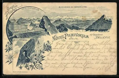 Lithographie Pilatus, Hotel Pilatuskulm, Eselwand, Blick gegen die Berneralpen