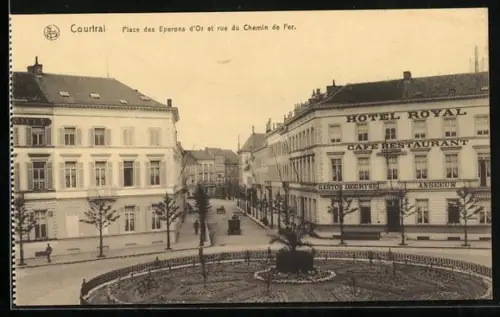 AK Courtrai, Playe des Eperons d`Or et rue du chemin de fer