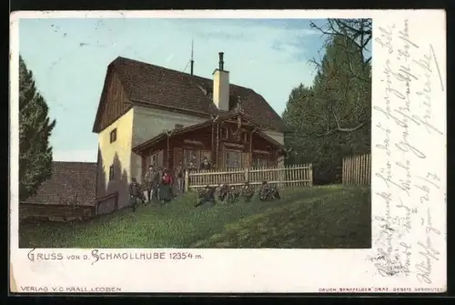 AK Leoben, Schmollhube, Gebäude mit Besuchergruppe, Soldaten