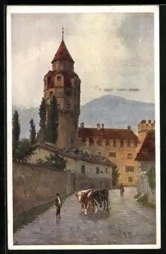 Künstler-AK Hall, Kühe am Münzturm