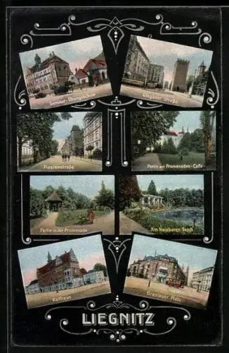 AK Liegnitz, Breslauer Platz mit Strassenbahn, Glogauer Strasse, Piastenstrasse und Seminar-Übungsschule