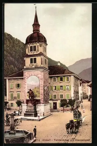 AK Altdorf, Telldenkmal mit Klausenpost, Kutsche