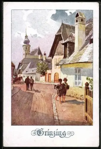 Künstler-AK E.Reckziegel: Grinzing, Ortspartie mit Leuten und Kirche, Deutscher Schulverein
