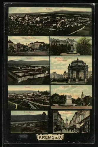 AK Krems a. D., Pavillon, Denkmal, Strassenansicht mit Passanten