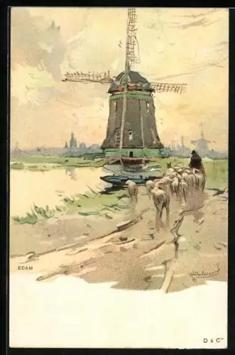 Künstler-AK Henri Cassiers: Schafhirte mit Herde an einer Windmühle