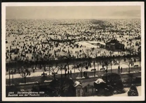 AK Zürich, Zürichseegefrörne im Jahr 1929, Blick von der Tonhalle