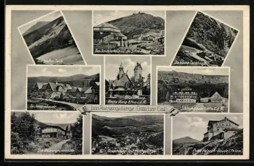 AK Brückenberg, Kirche Wang, Das Schlesierhaus mit Schneekoppe, Schlingelbaude, Prinz Heinrich-Baude