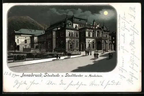 Lithographie Innsbruck, Stadtsäle und Stadttheater im Vollmondlicht