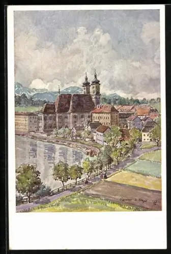 AK Garsten bei Steyr, Ortsansicht aus der Vogelschau