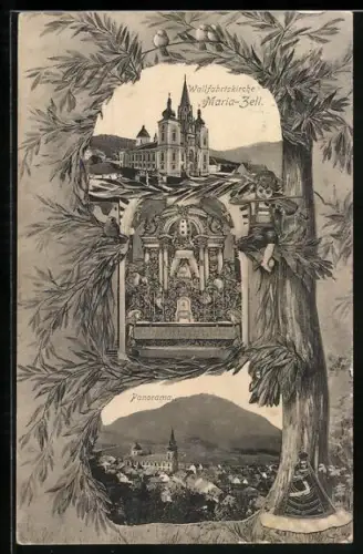 AK Mariazell, Panorama und Wallfahrtskirche
