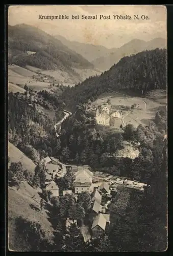 AK Ybbsitz /N.-Oe., Ortsansicht mit Gasthaus Krumpmühle, Seesal aus der Vogelschau