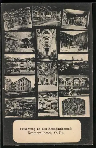 AK Kremsmünster /O.-Oe., Ansichten des Benediktinerstift mit Kaisersaal, Waffensaal und Bibliothek