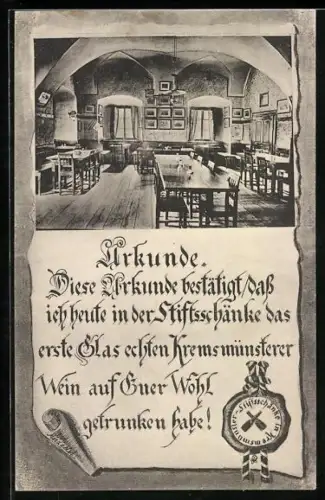 AK Kremsmünster, Inneres der Stiftsschänke, Urkunde