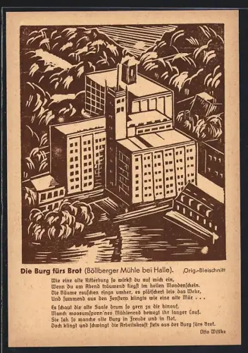 AK Halle / Saale, Böllberger Mühle, Bleischnitt von Otto Wittke