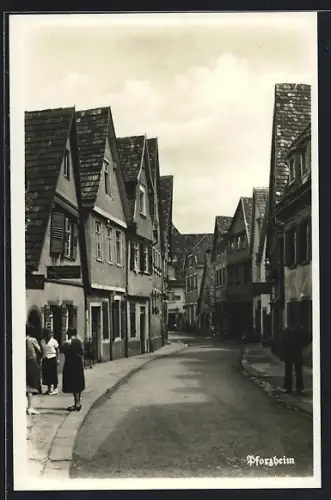 AK Pforzheim, Blick in die Altstadt mit Schuhmacher`s Ofengeschäft