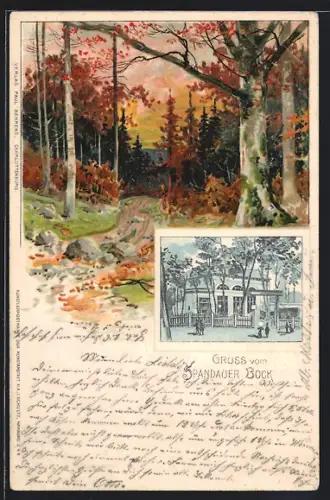 Lithographie Berlin-Charlottenburg, Gasthaus Spandauer Bock, Waldpartie