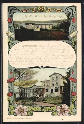 Passepartout-AK Gremsmühlen, Kurhotel Victoria, Bes. Georg Junge, Jugendstil-Passepartout