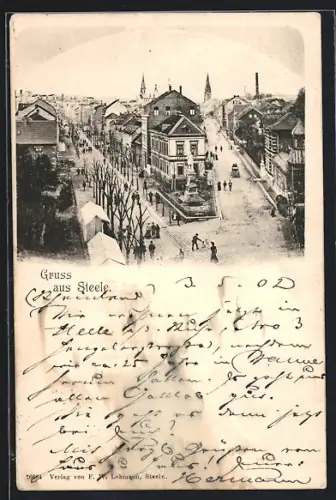AK Steele, Blick auf Strassenkreuzung mit Denkmal und Marktbuden