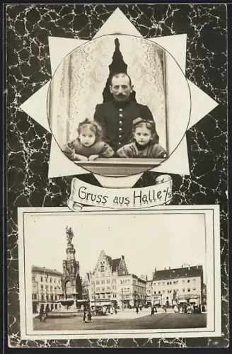 AK Halle a. S., Marktplatz mit Denkmal, Soldat in Uniform mit kleinen Töchtern