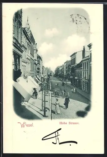 AK Wesel / Rhein, Hohe Strasse mit Militair-Effecten-Geschäft H. J. Arndt, Rückseitig: Schützenhaus