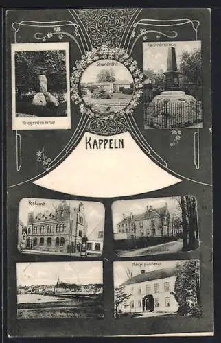 AK Kappeln / Schlei, Postamt, Justizgebäude, Hauptpastorat, Kriegerdenkmal, Kaiserdenkmal, Strandhotel