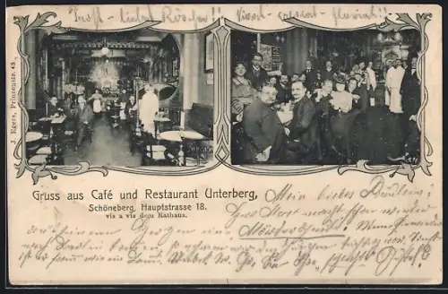 AK Berlin-Schöneberg, Cafe Unterberg, Hauptstrasse 18, Innenansichten mit Gästen