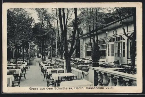 AK Berlin-Kreuzberg, Gasthaus Zum Schultheiss, Hasenheide 22-31, Gartenbereich