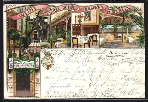 Lithographie Berlin, Wein-Restaurant Wassmann, Leipziger Str. 33, Innen- und Aussenbereiche