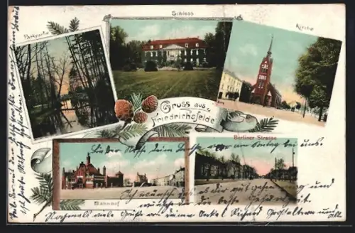 AK Berlin-Friedrichsfelde, Schloss, Kirche, Bahnhof