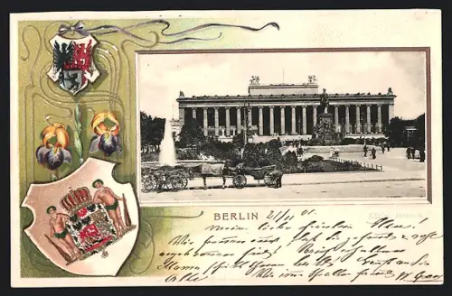 Passepartout-Lithographie Berlin, Königl. Museum mit Denkmal und Pferdedroschken, zwei Wappen